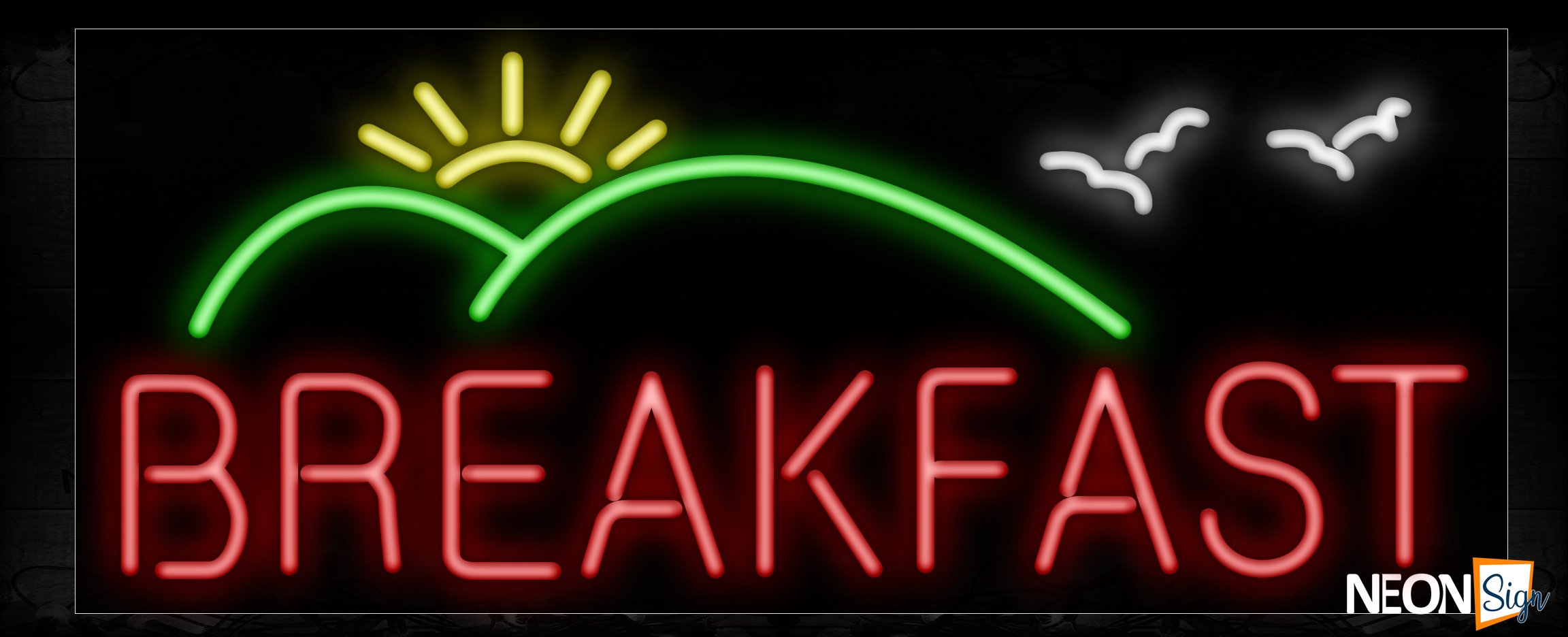 Image of 10215 Breakfast with mountain and sun logo Neon Sign_13x32 Black Backing
