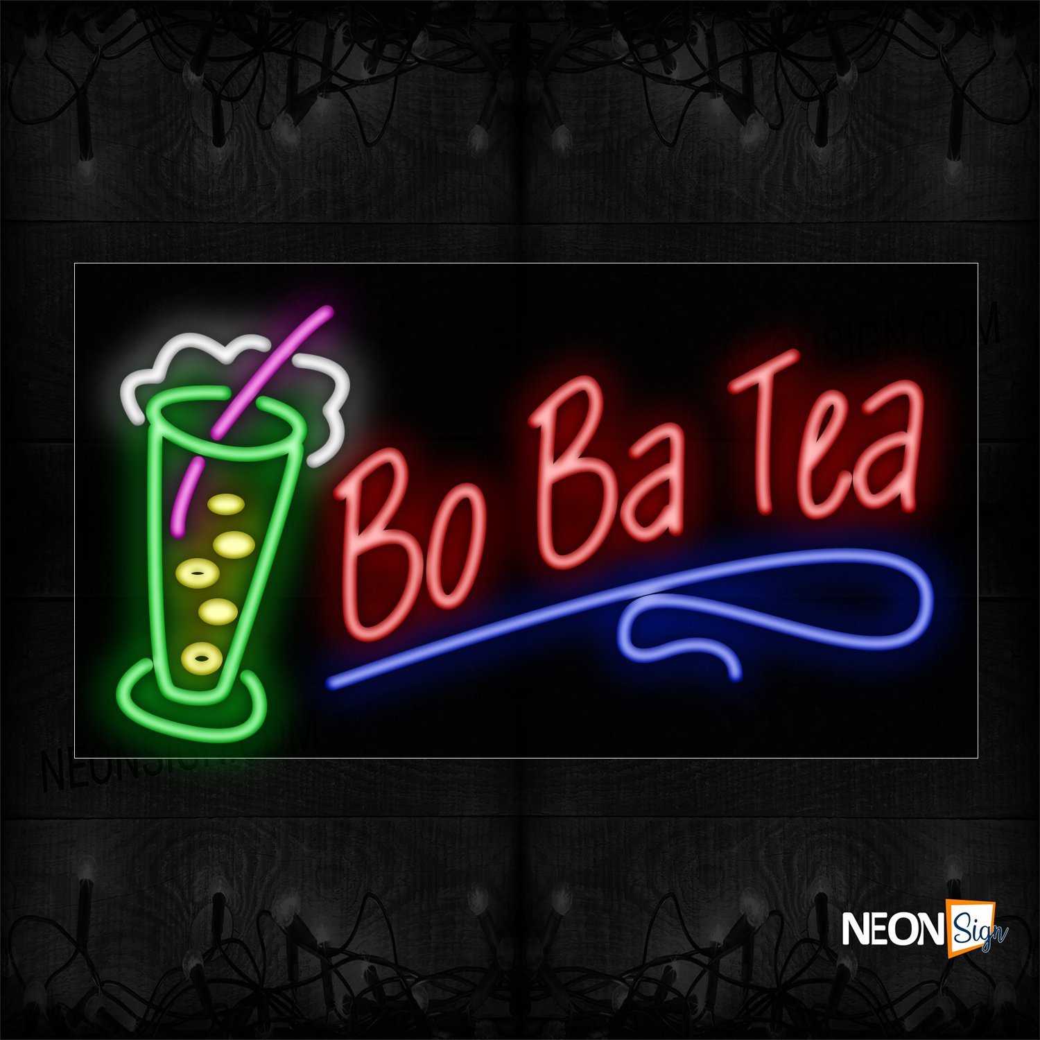 Image of BoBa Tea With Glass & Wavy Line Neon Sign