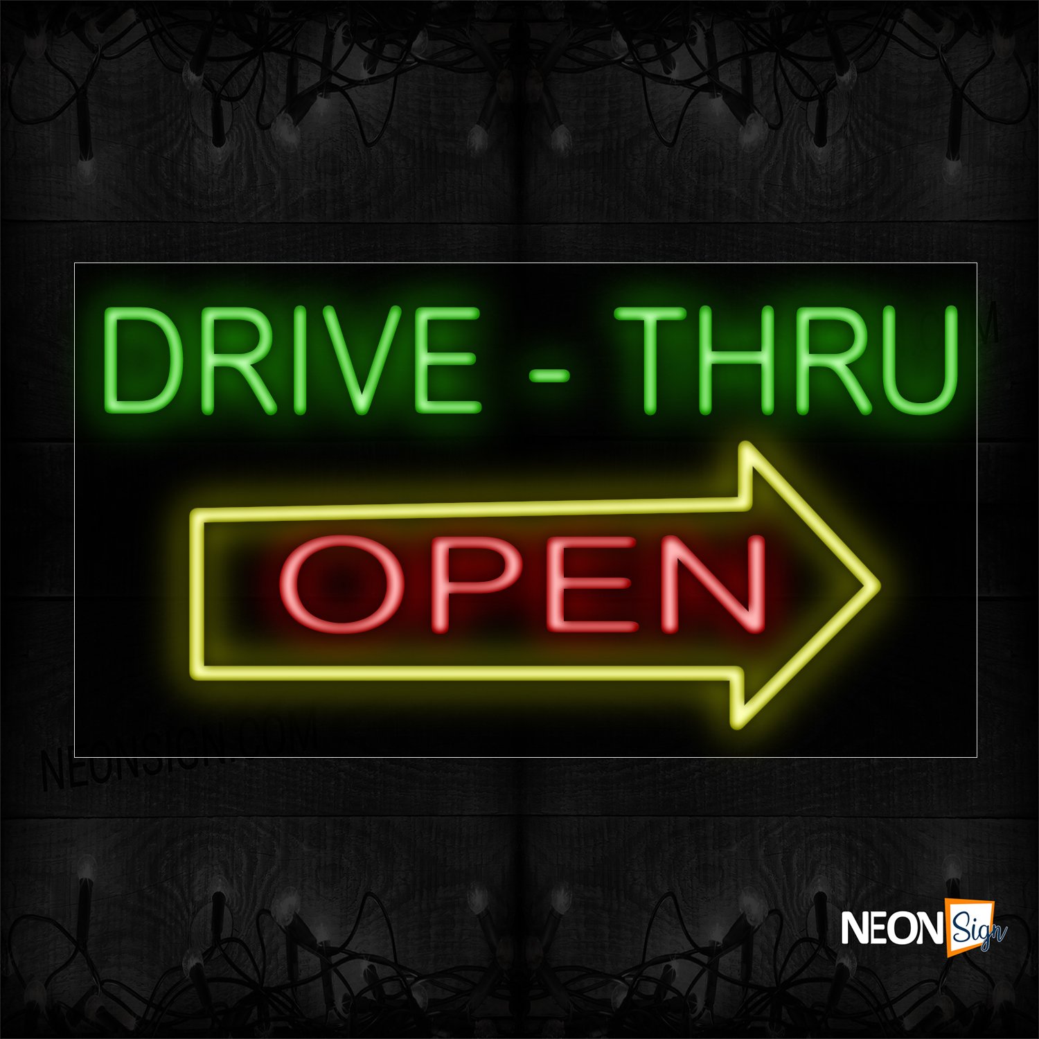 Image of 10401 Drive-Thru Open With Arrow Sign Logo Neon Sign_20x37 Black Backing