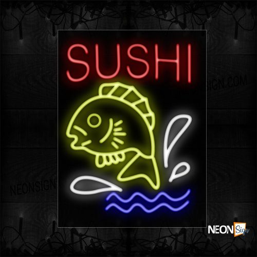 Image of 10457 Sushi in red With Fish Logo Neon Sign_24x31 Contoured Black Backing