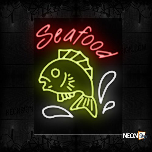 Image of Seafood With Fish Logo And Water Splash Neon Sign
