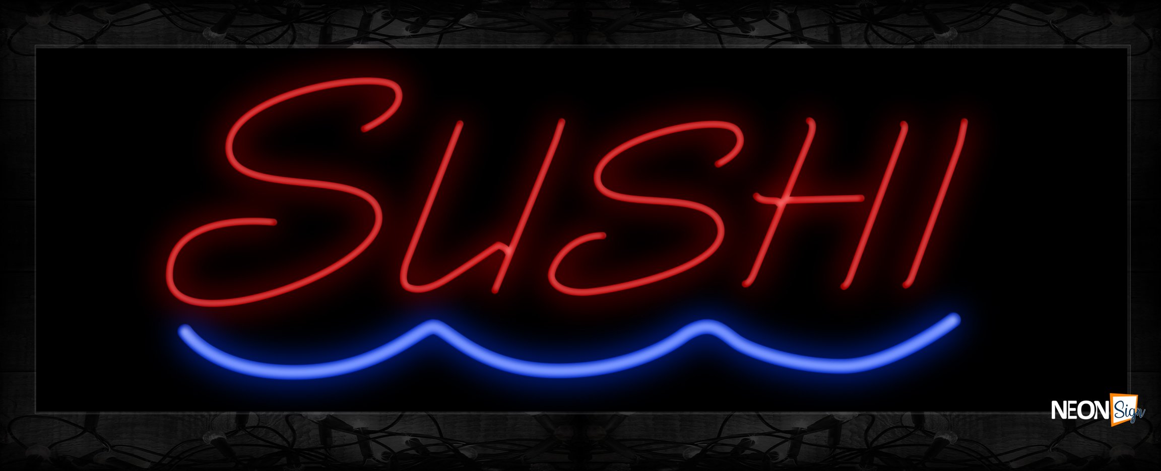 Image of 10499 Sushi in red with blue lines Neon Sign 13x32 Black Backing