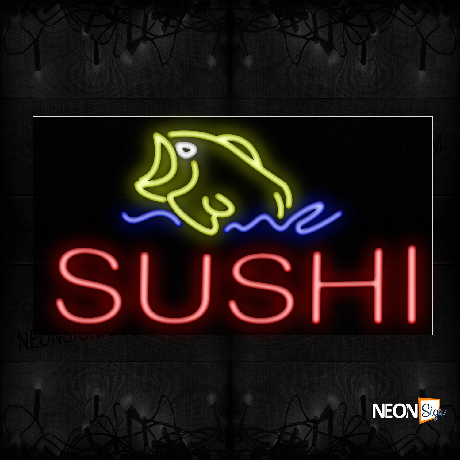 Image of 10703 Sushi in red and Fish Logo Neon Sign_20x37 Black Backing