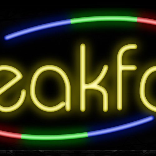 Image of 10749 Breakfast in yellow with colorful arc border Neon Sign_13x32 Black Backing