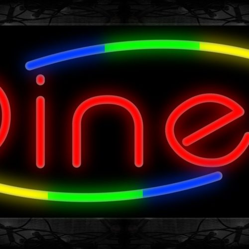 Image of 10782 Diner with colorful arc border Neon Sign 13x32 Black Backing
