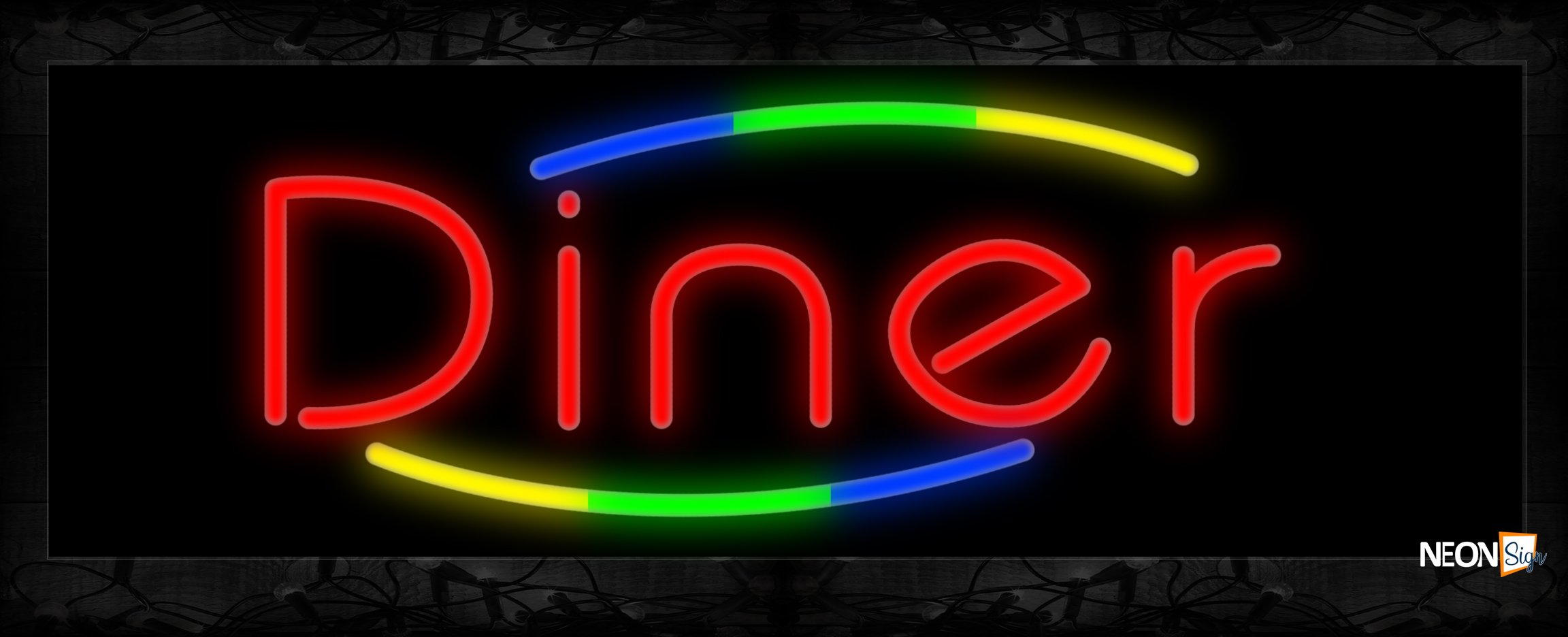 Image of 10782 Diner with colorful arc border Neon Sign 13x32 Black Backing