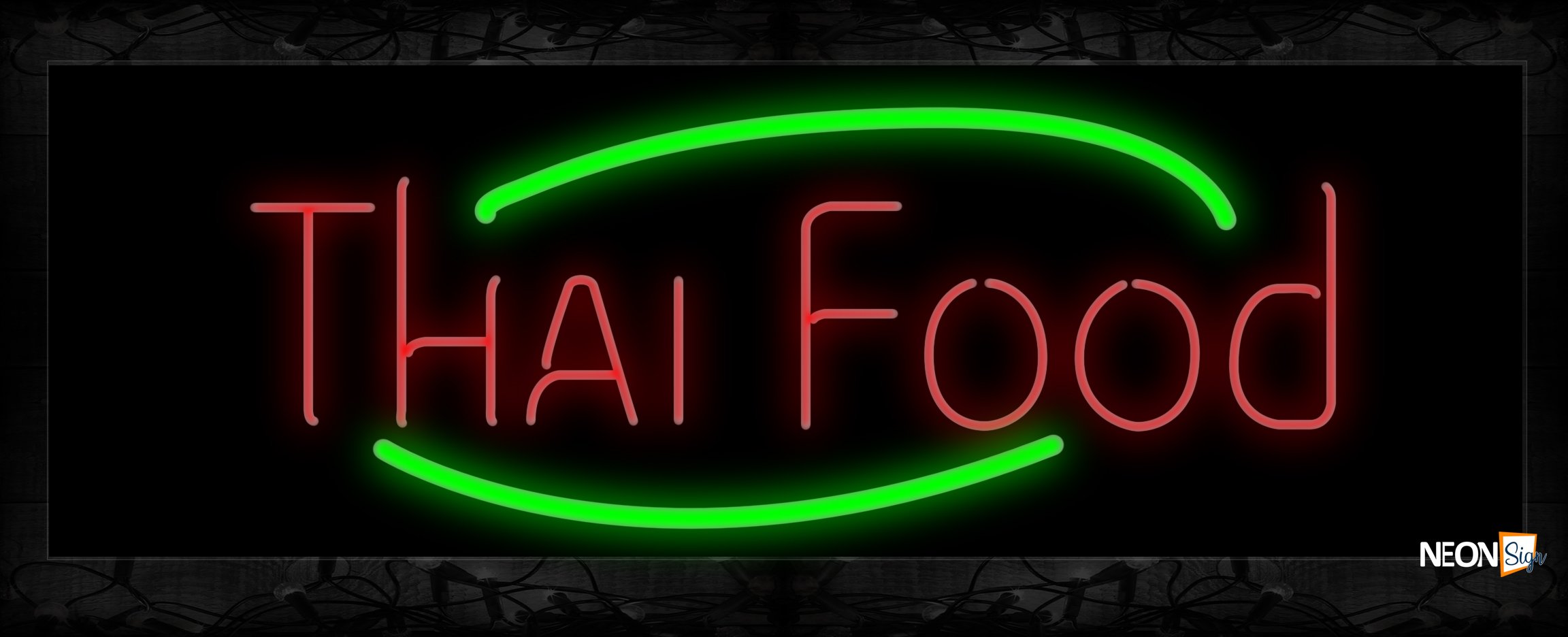 Image of 10943 Thai Food in red with green arc border Neon Sign 13x32 Black Backing