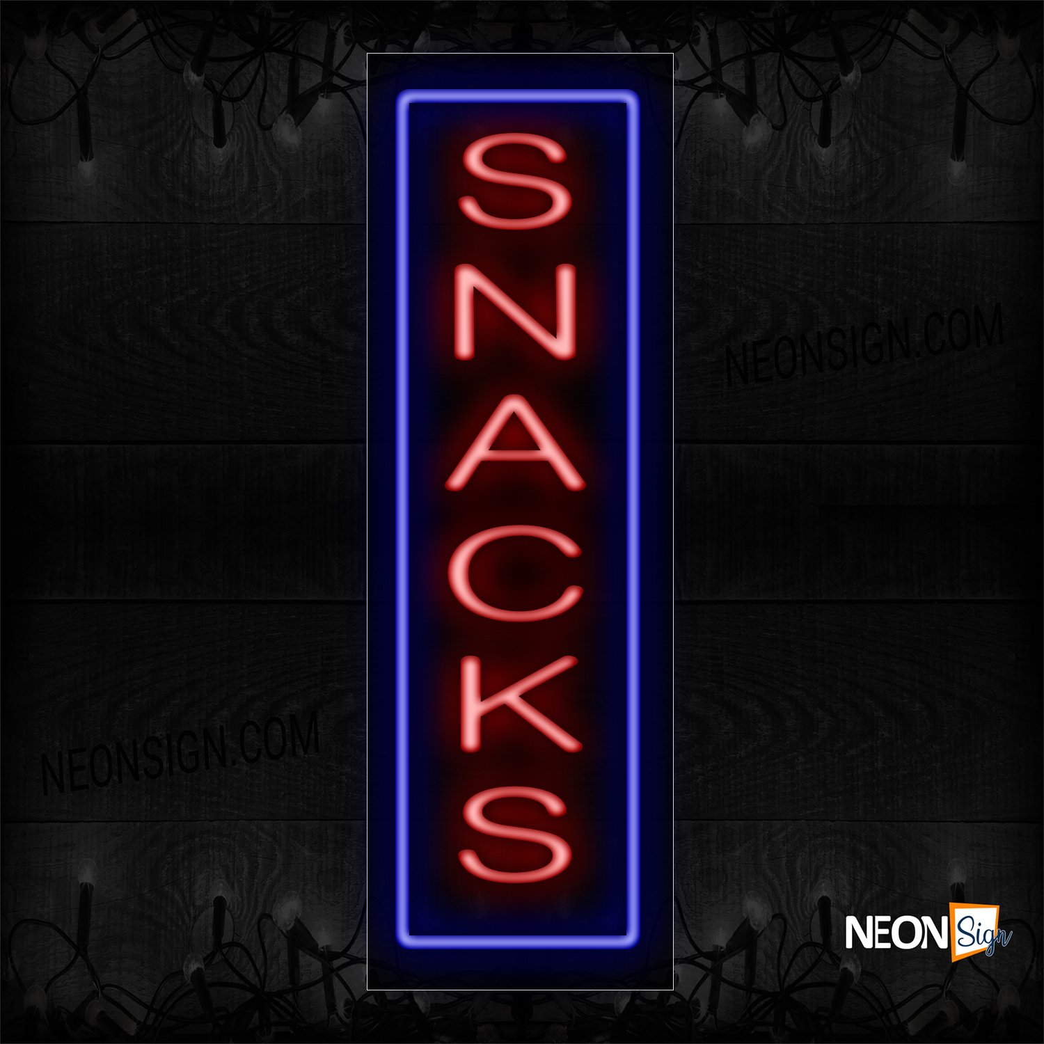 Image of Snacks In Red With Blue Border (Vertical) Neon Sign