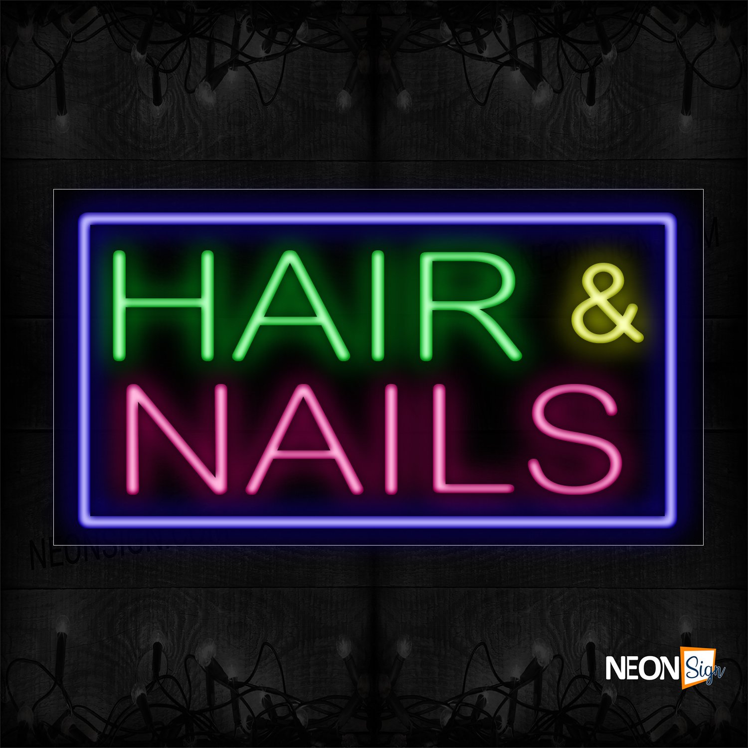 Image of Hair & Nails With Blue Border Neon Sign