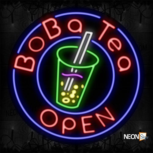 Image of Boba Tea Open With Blue Circle Border And Logo Neon Sign