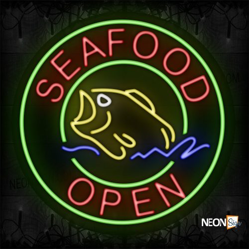 Image of Seafood Open With Logo And Green Circle Border Neon Sign