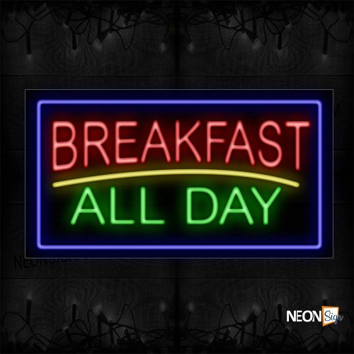 Image of 11273 Breakfast All Day With Blue Border And Yellow Line Neon Sign_20x37 Black Backing