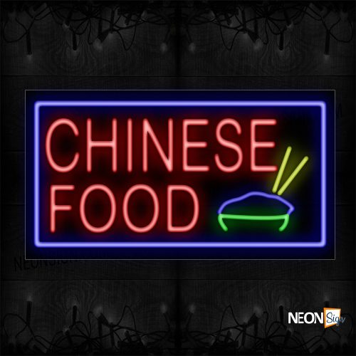 Image of 11277 Chinese Food With Rice Bowl And Blue Border Neon Sign_20x37 Black Backing