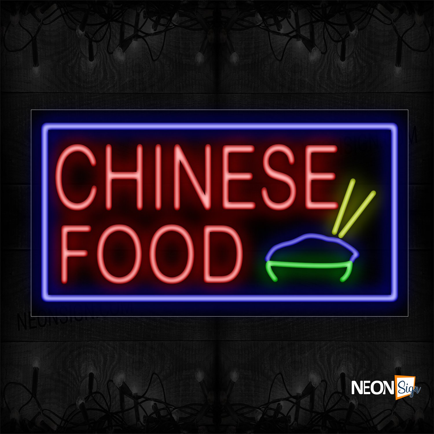 Image of 11277 Chinese Food With Rice Bowl And Blue Border Neon Sign_20x37 Black Backing