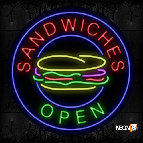 Image of Sandwiches Open With Logo And Circle Blue Border Neon Sign