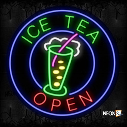 Image of Ice Tea Open With Blue Circle Border And Logo Neon Sign