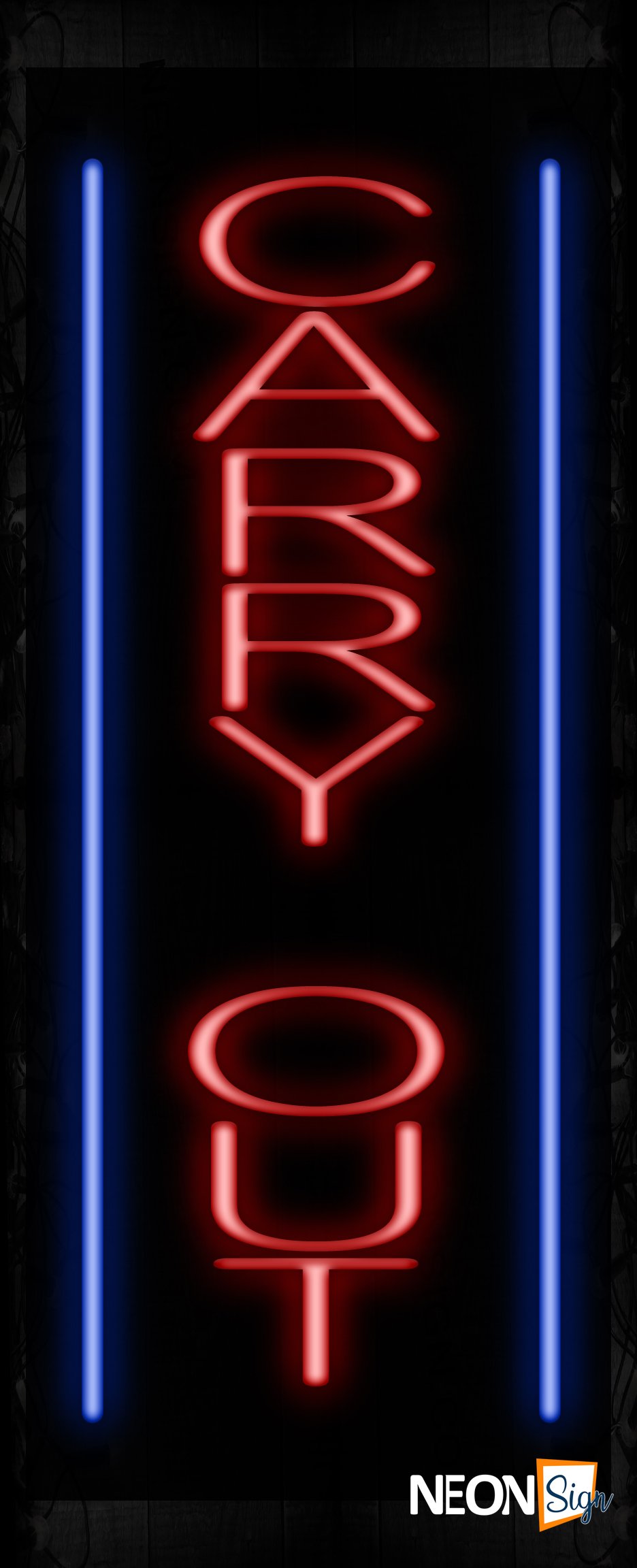 Image of 11529 Carry Out with blue lines (Vertical) Neon Sign_ 32x12 Black Backing