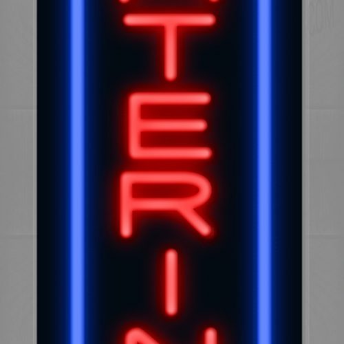 Image of 11532 Catering in red with blue lines (Vertical) Neon Sign 13x32 Black Backing