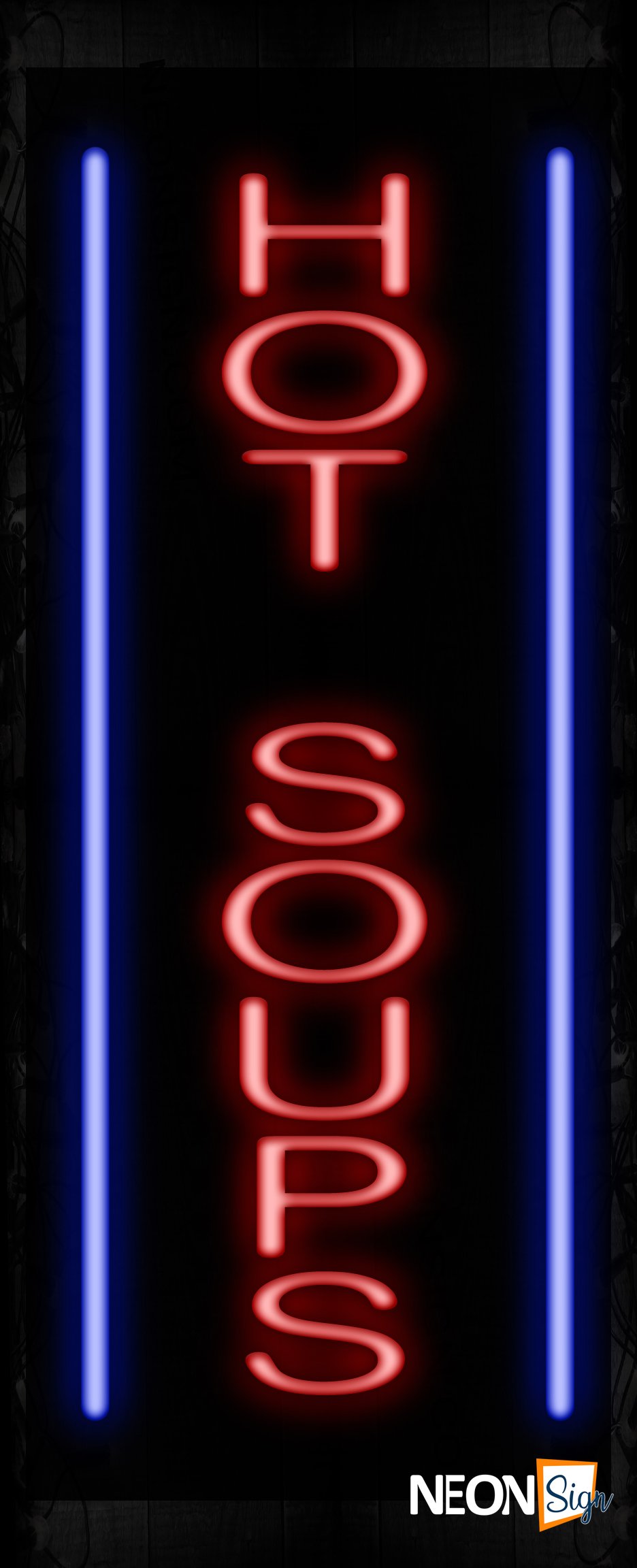 Image of Hot Soups In Red With Blue Lines (Vertical) Neon Sign