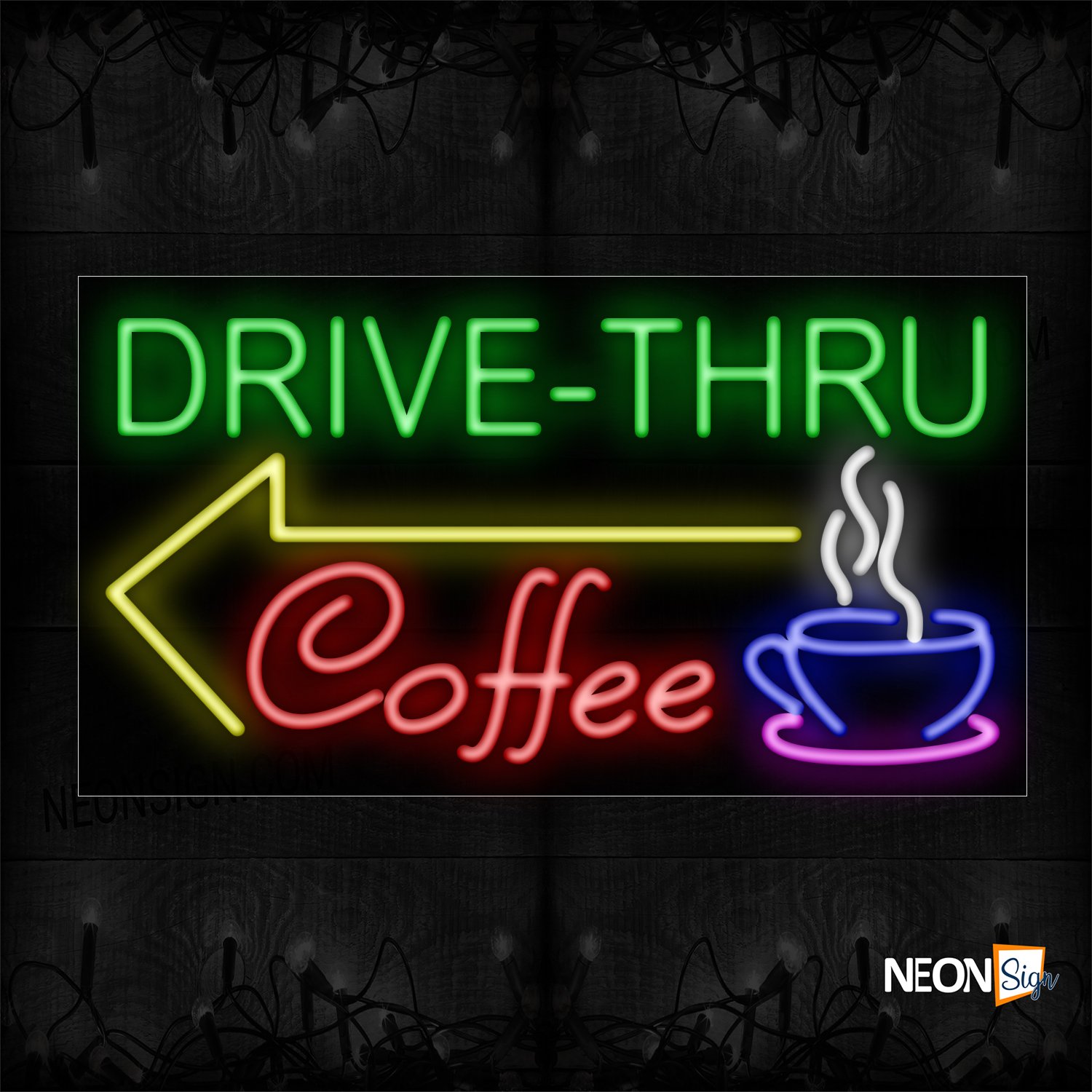 Image of 11692 Drive-Thru Coffee With Mug & Arrow Sign Neon Sign_20x37 Black Backing