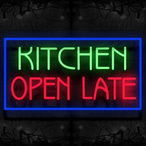 Image of Kitchen Open Late With Blue Border Neon Sign