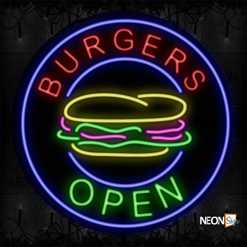 Image of 11807 Burgers Open With Logo And Circle Blue Border Neon Sign_26x26 Black Backing