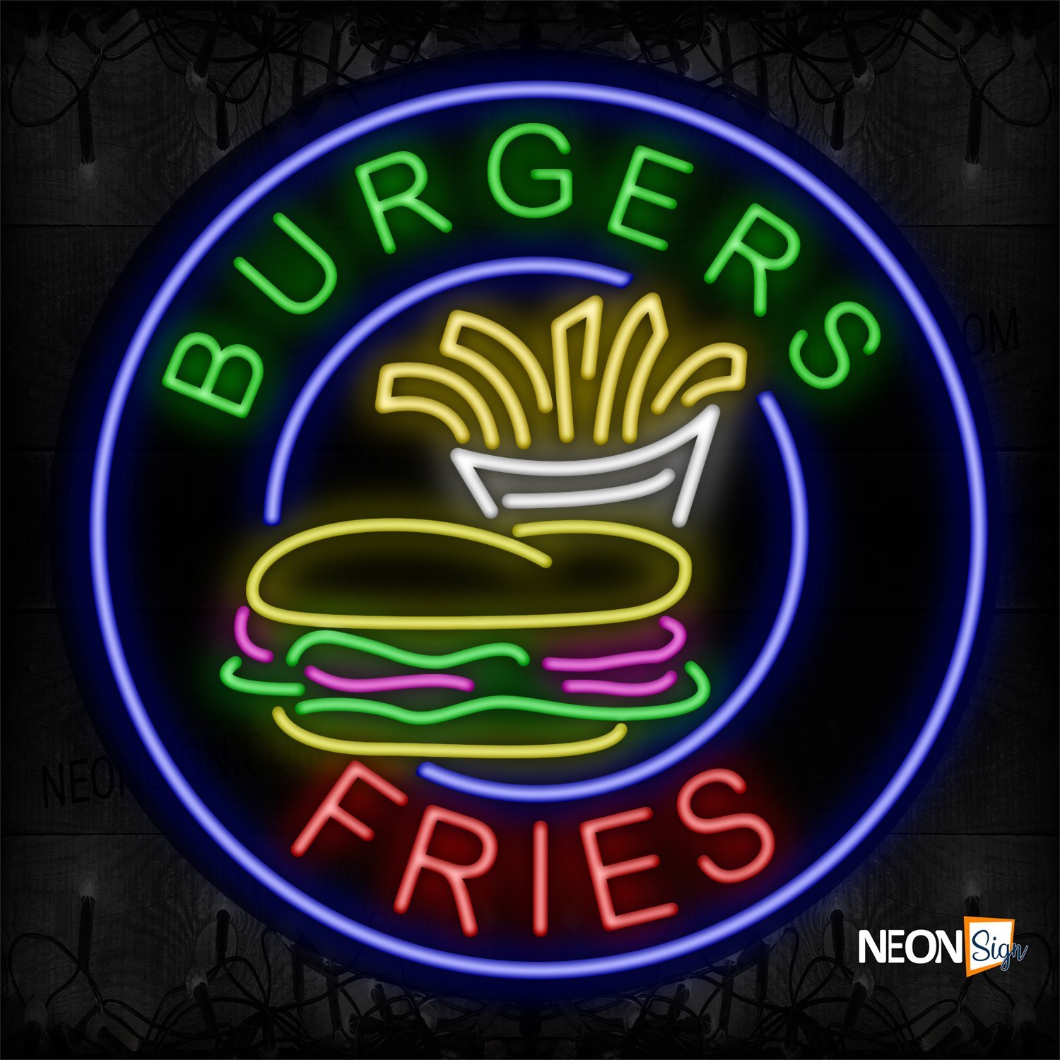 Image of 11808 Burgers Fries And Logo With Blue Circle Border Neon Sign_26x26 Black Backing