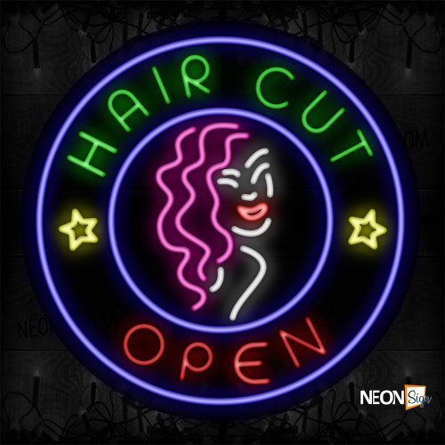 Image of Haircut Open With Blue Circle Border And Logo Neon Sign