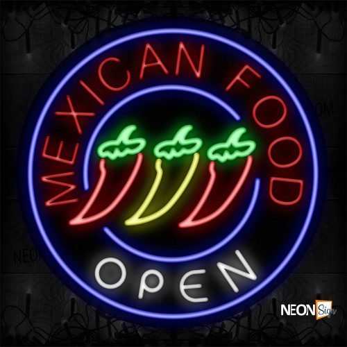 Image of 11825 open mexican food with pepper image blue circle border neon sign_26x26 Contoured Black Backing