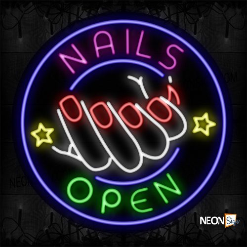 Image of Nails Open With Logo And Blue Circle Border Neon Sign