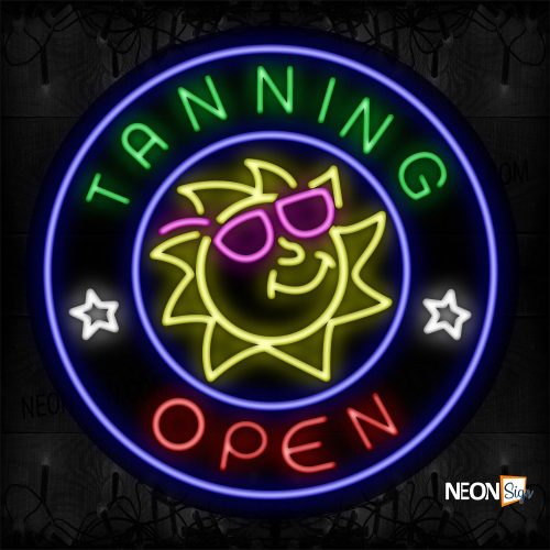 Image of Tanning Open With Sun Logo And Blue Circle Border Neon Sign