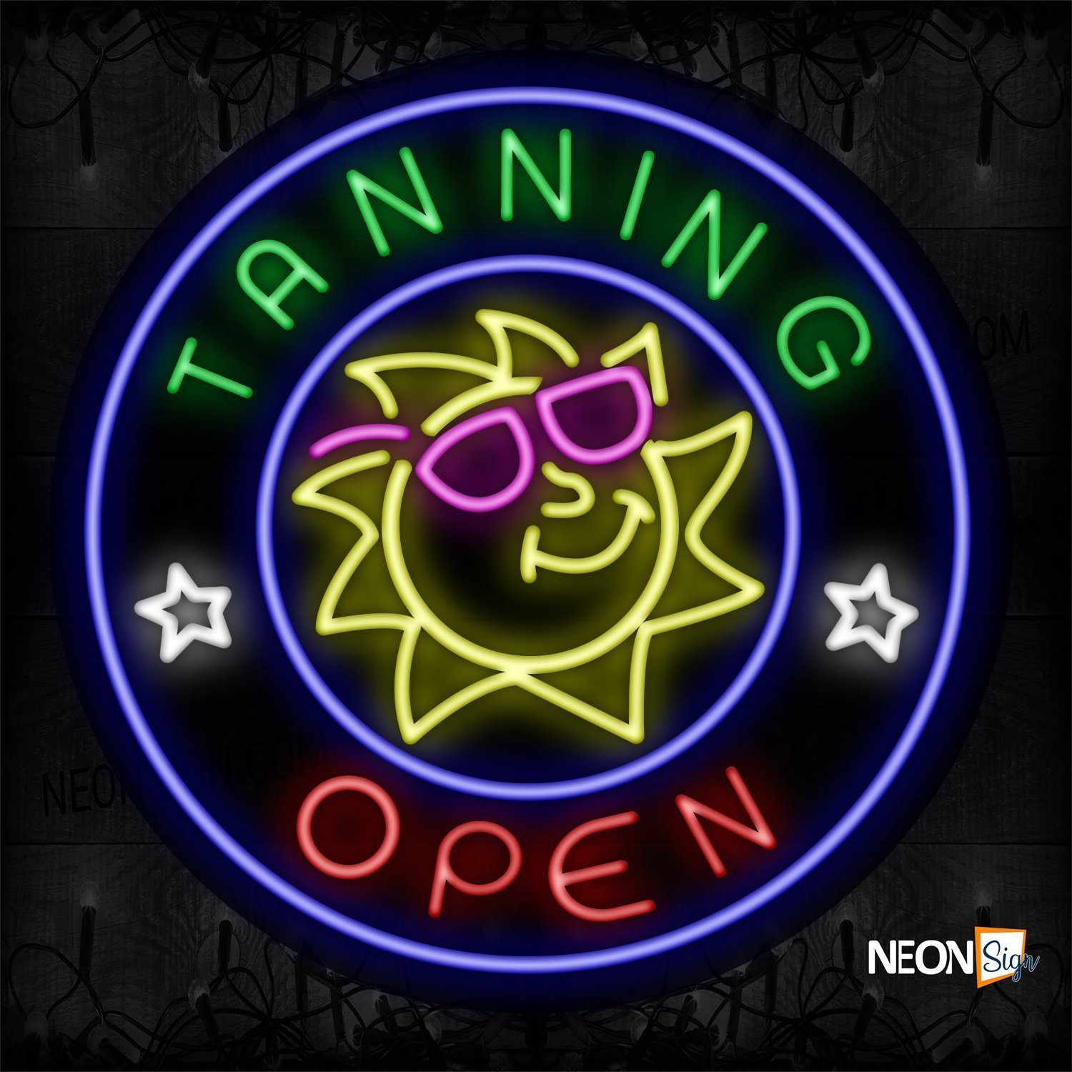 Image of Tanning Open With Sun Logo And Blue Circle Border Neon Sign