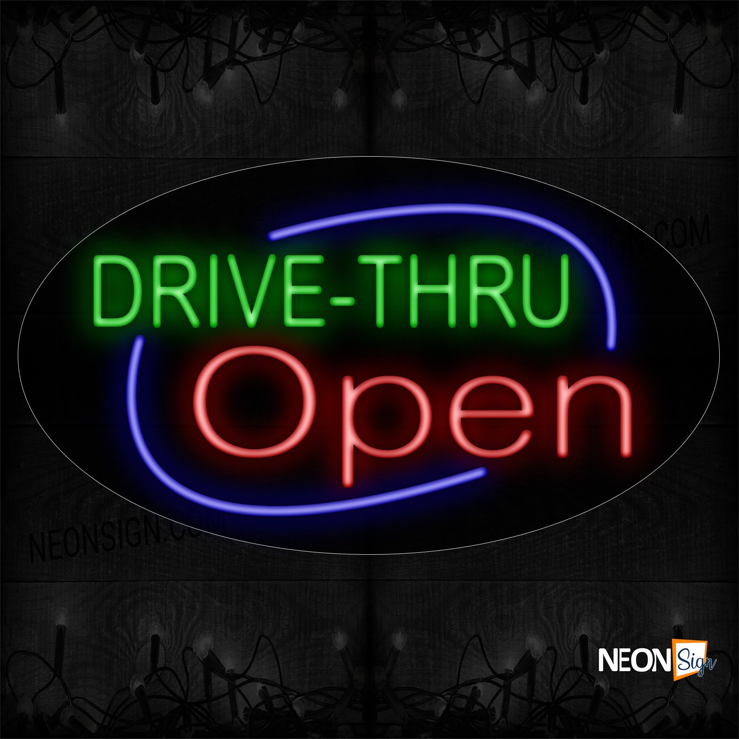 Image of 14115 Drive-Thru Open With Blue Oval Border Neon Sign_17x30 Black Backing