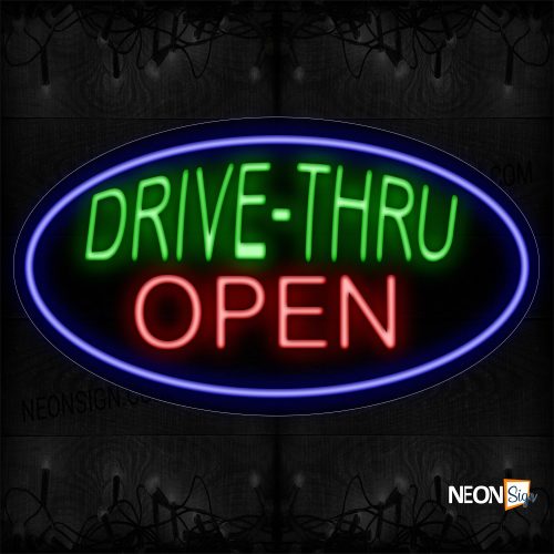 Image of 14196 Drive-Thru Open With Blue Border Neon Sign_17x30 Black Backing