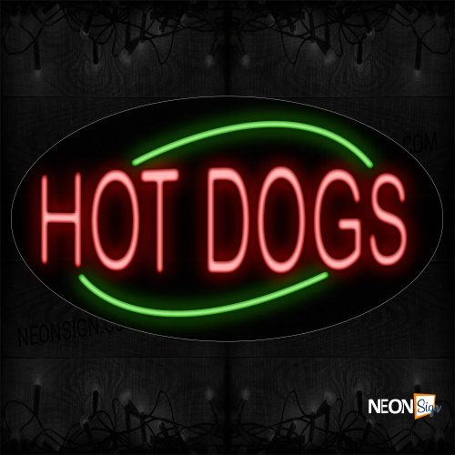 Image of 14224 Hot Dogs In Red With Green Arc Border Neon Sign_17x30 Contoured Black Backing