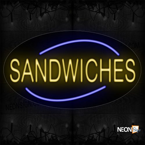 Image of Sandwiches In Yellow With Blue Arc Border Neon Sign