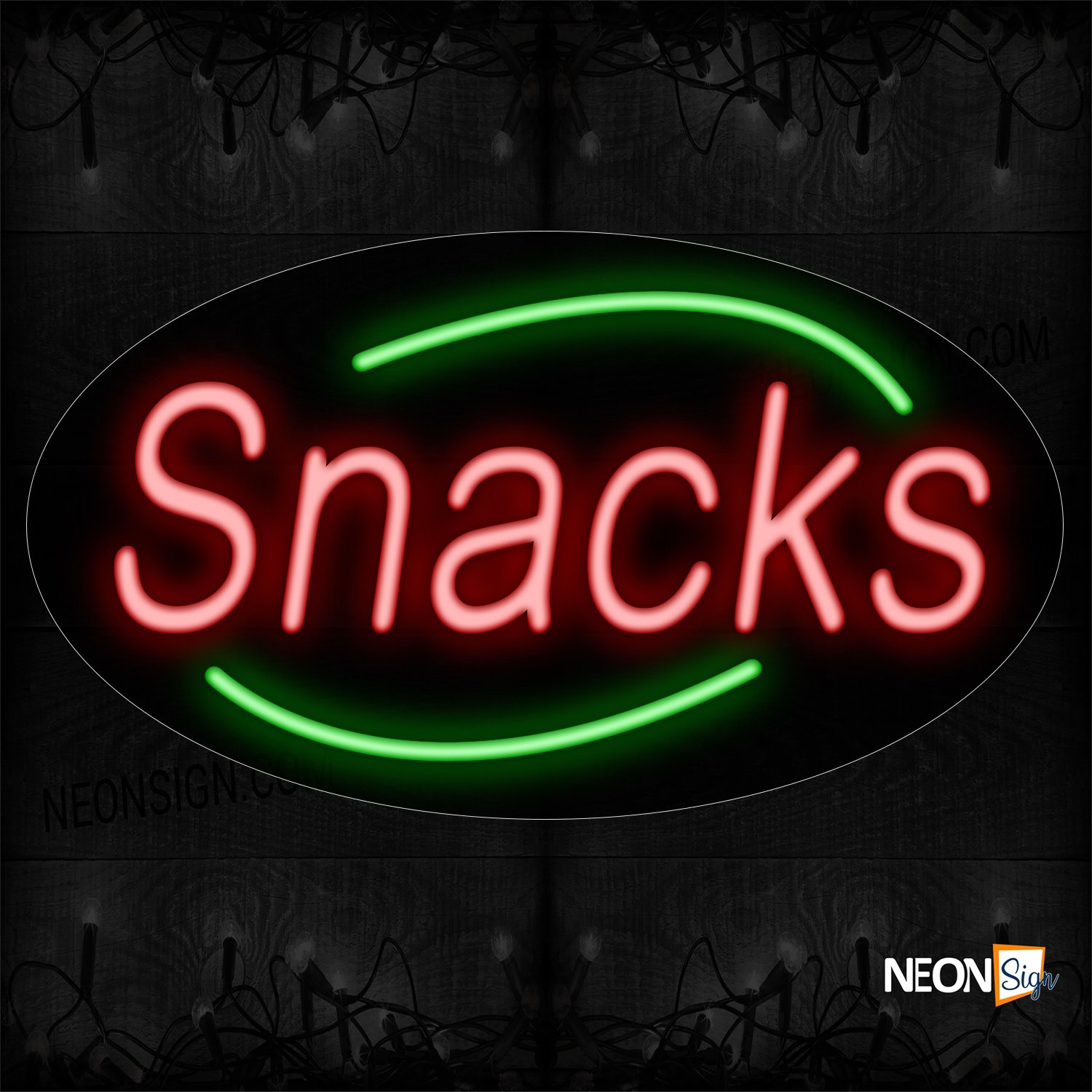 Image of Snacks With Green Arc Border Neon Sign