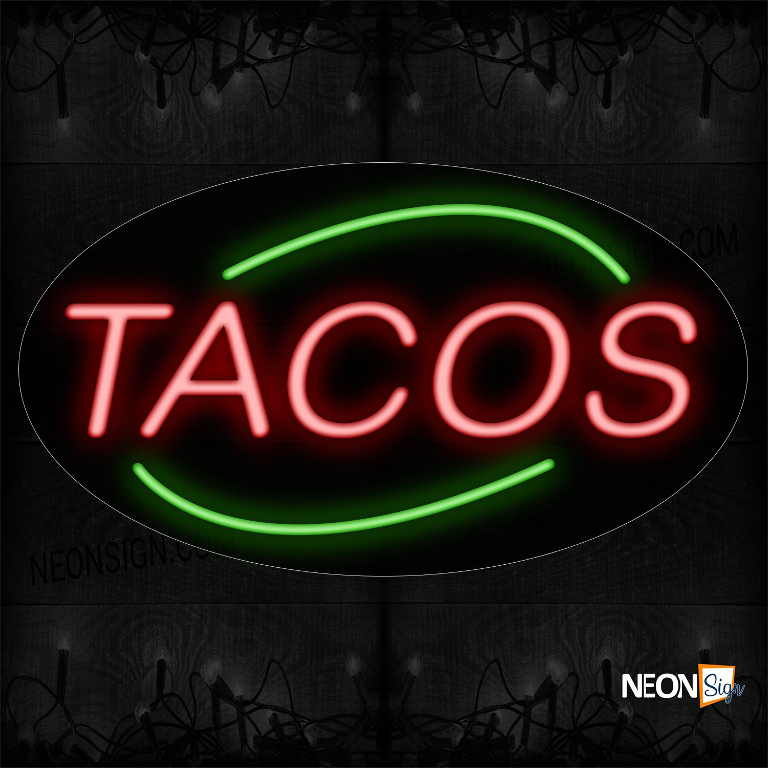 Image of 14301 Tacos With Curve Border Neon Sign_17x30 Contoured Black Backing