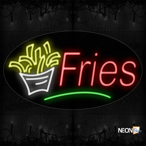 Image of 14345 Fries In Red With Logo And Green Line Neon Sign_17x30 Contoured Black Backing