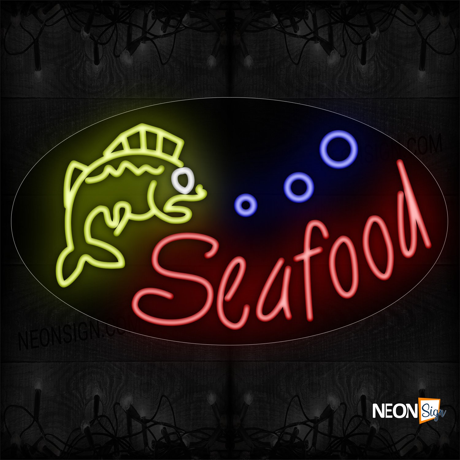 Image of Seafood In Red With Fish Logo Neon Sign
