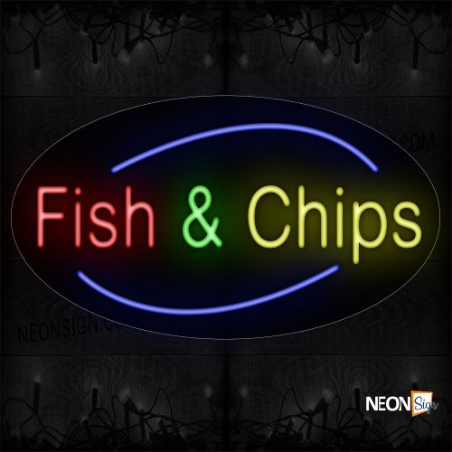 Image of Fish & Chips With Blue Arc Border Neon Sign
