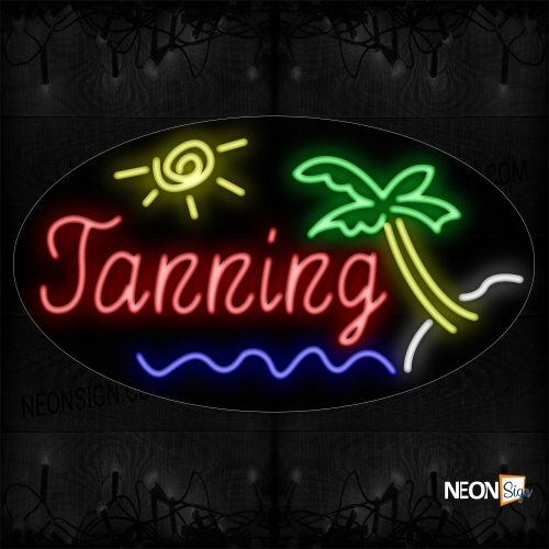 Image of Tanning With Palm Tree, Beach And Sun Neon Sign