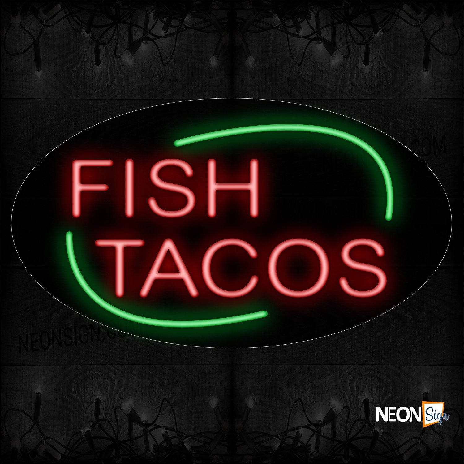 Image of Fish Tacos In Red With Green Arc Border Neon Sign