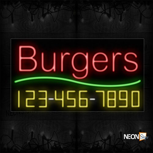 Image of 15018 Burgers And Phone Number With Green Line Neon Sign_20x37 Black Backing
