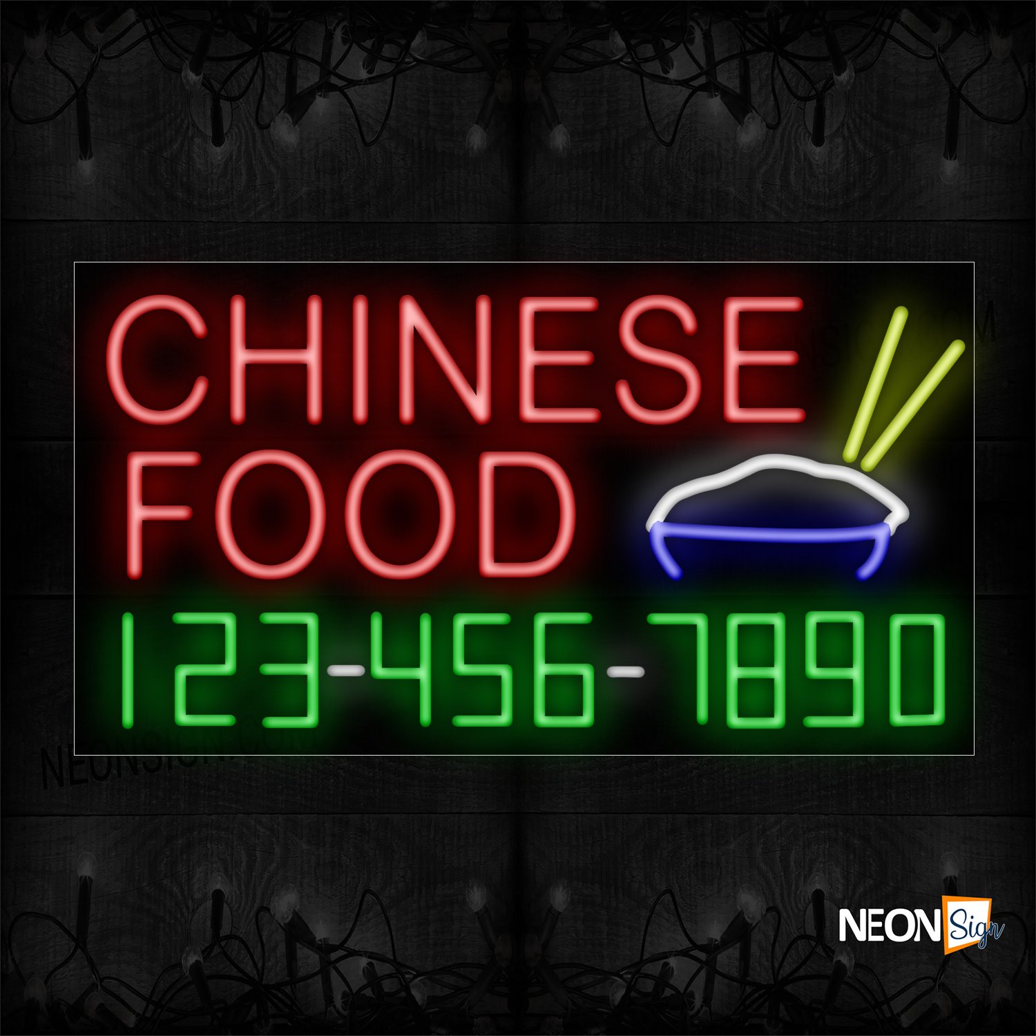 Image of 15023 Chinese Food And Phone Number With Logo Neon Sign_20x37 Black Backing