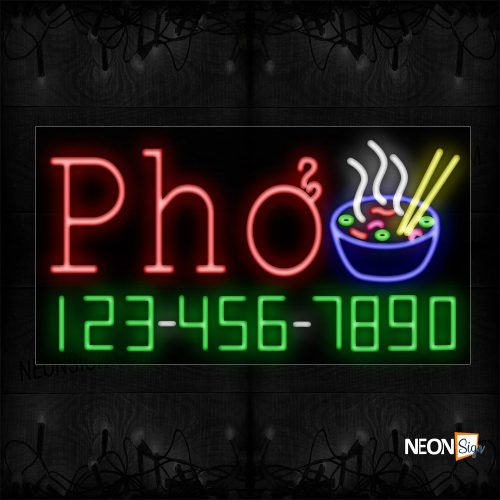 Image of 15031 Pho With Phone Number And Rice Bowl Neon Sign_20x37 Black Backing