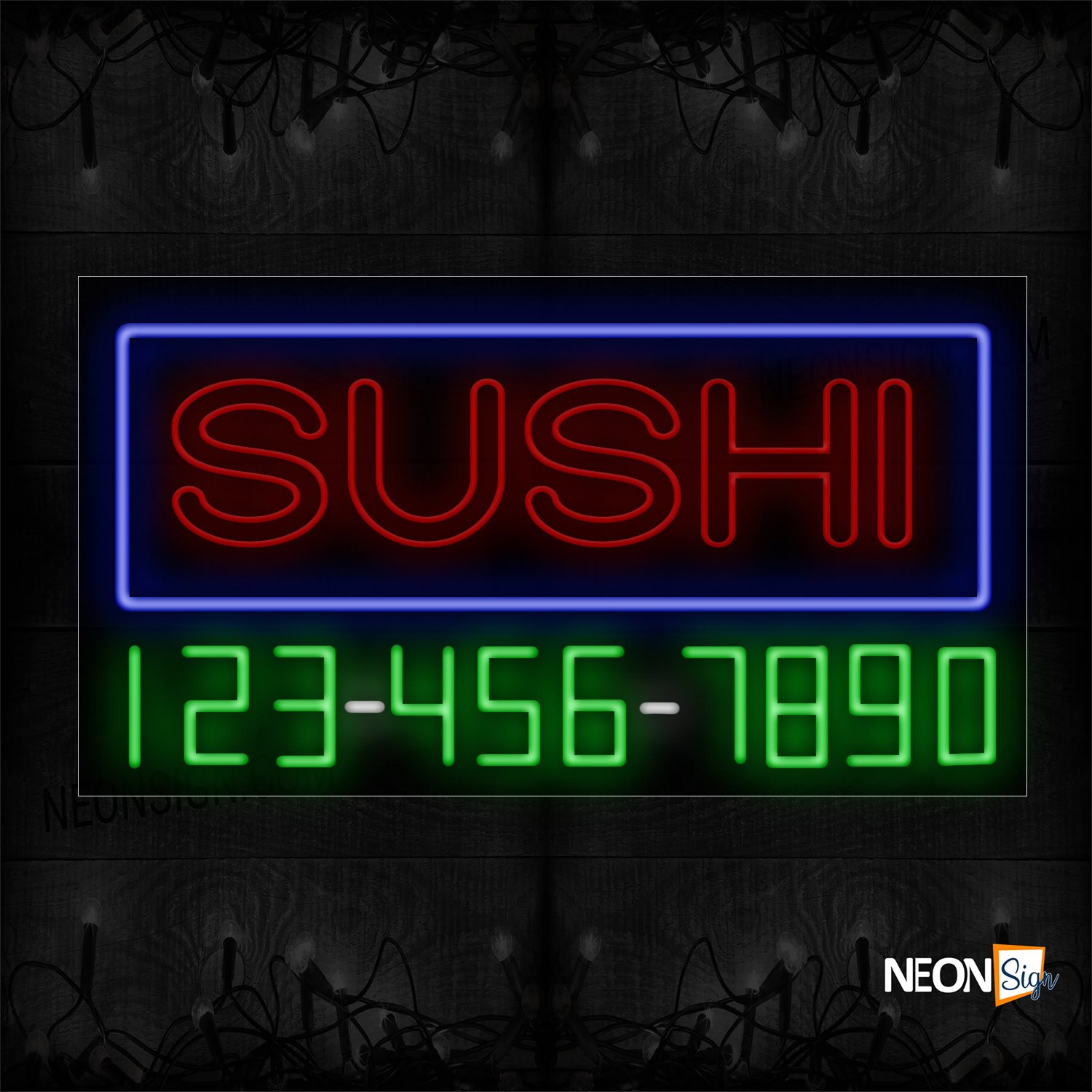 Image of 15034 Double Stroke Sushi And Phone Number With Blue Border Neon Sign_20x37 Black Backing
