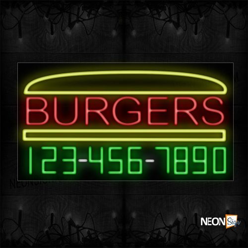 Image of 15052 Burgers And Phone Number With Yellow Border Neon Sign_20x37 Black Backing