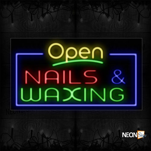 Image of Open Nails & Waxing With Blue Border Neon Sign