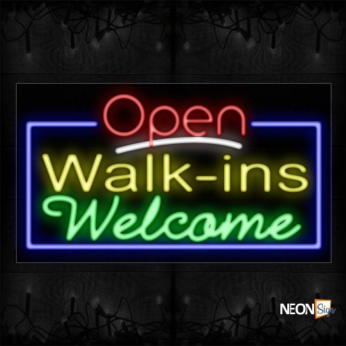 Image of Open Walk-Ins Welcome With Blue Border Neon Sign